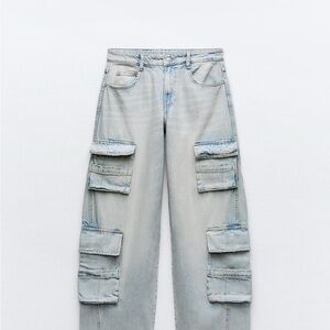 Zara Light Blue Wide Leg Cargo Jeans